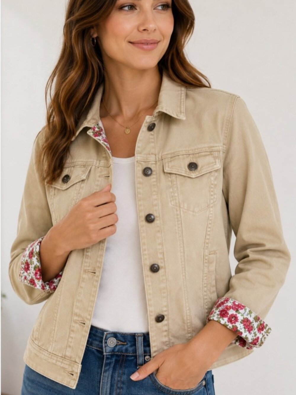 LL Bean Khaki Barn Jacket Utility Chore Coat Floral Cuff Button Front S